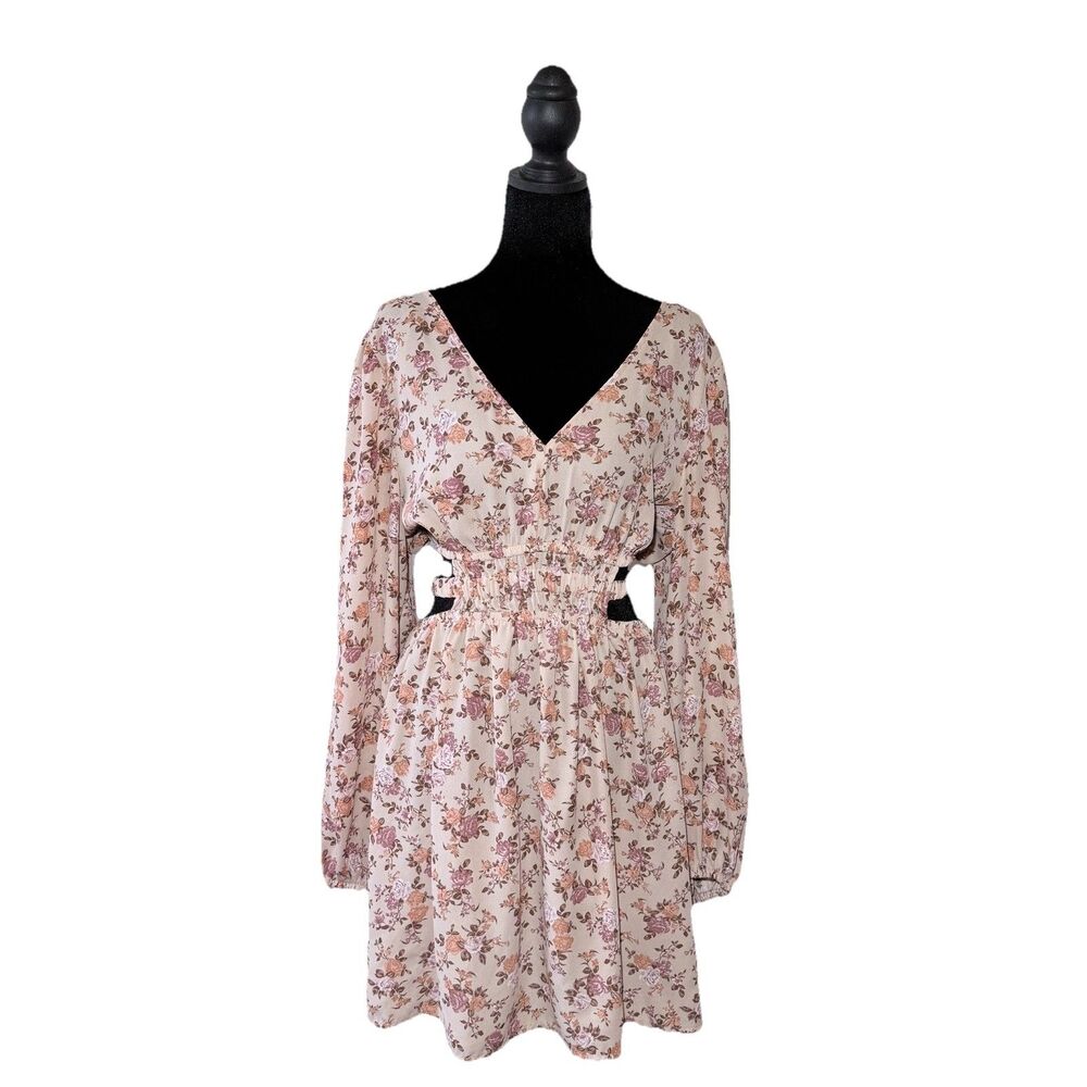 No Comment NY-LA Cream Floral Dress V-neck Elastic Waist Long Puff Sleeves XL